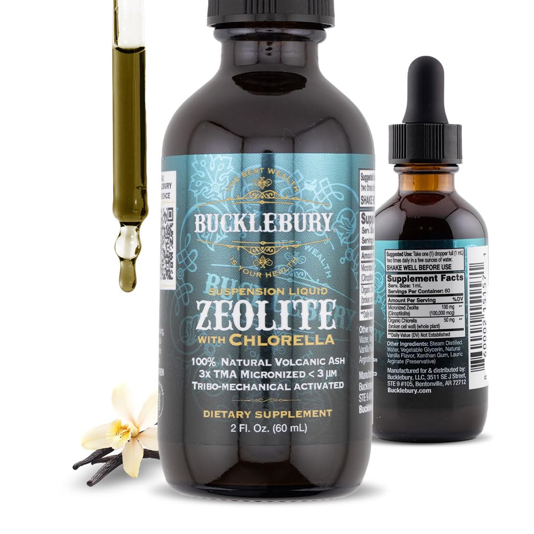 Bucklebury Zeolite Liquid Suspension with Chlorella bottle against white background
