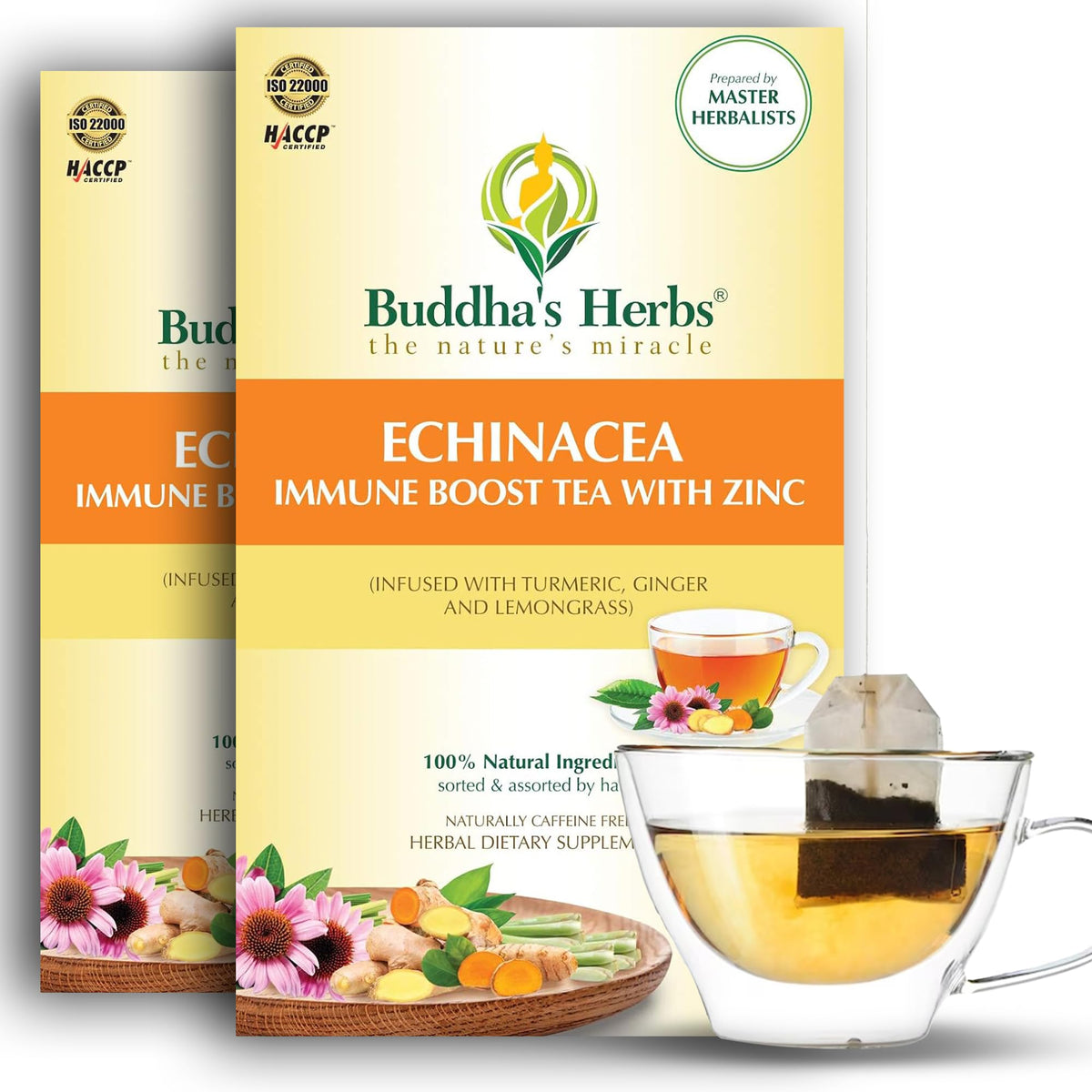 Front view of Buddha's Herbs Organic Echinacea Tea 2-pack with 44 tea bags
