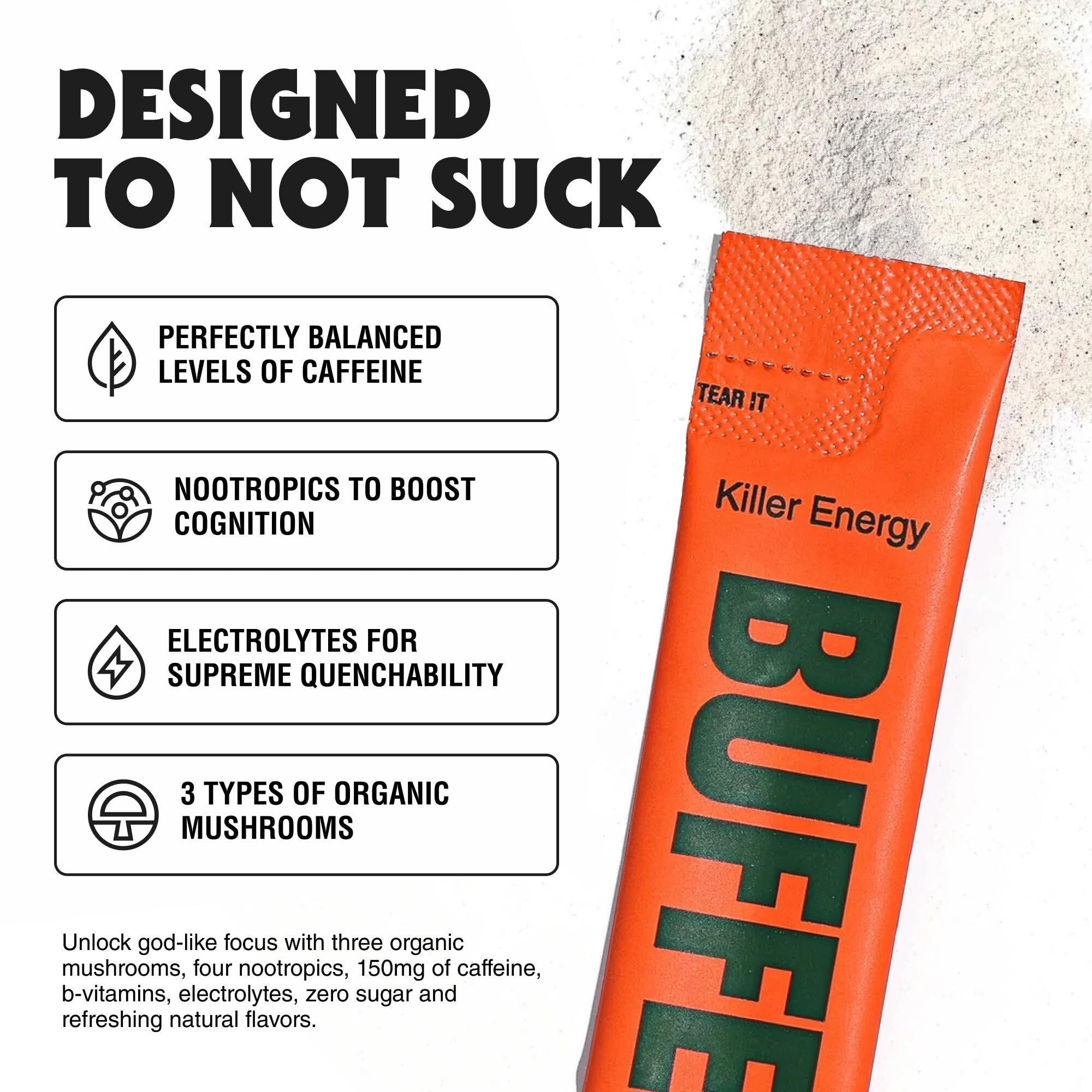 BUFFED Energy Powder Stick Pineapple Thrash packets closeup highlights clean label and daytime focus.