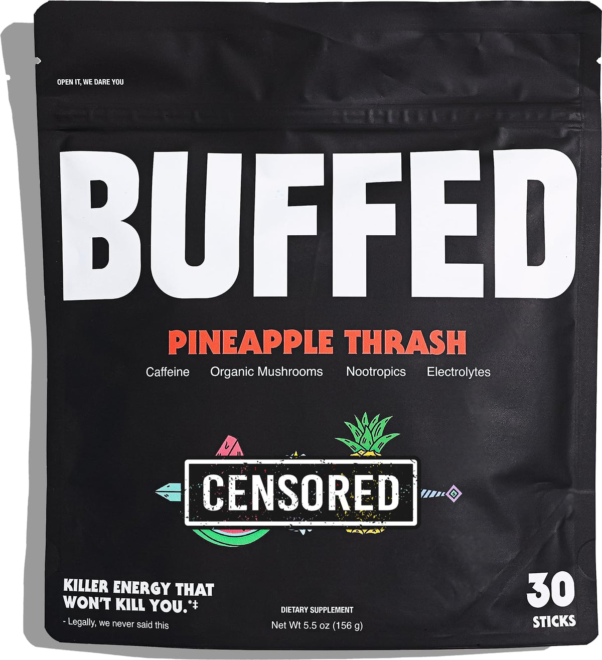 BUFFED Pineapple Thrash energy powder stick - front label