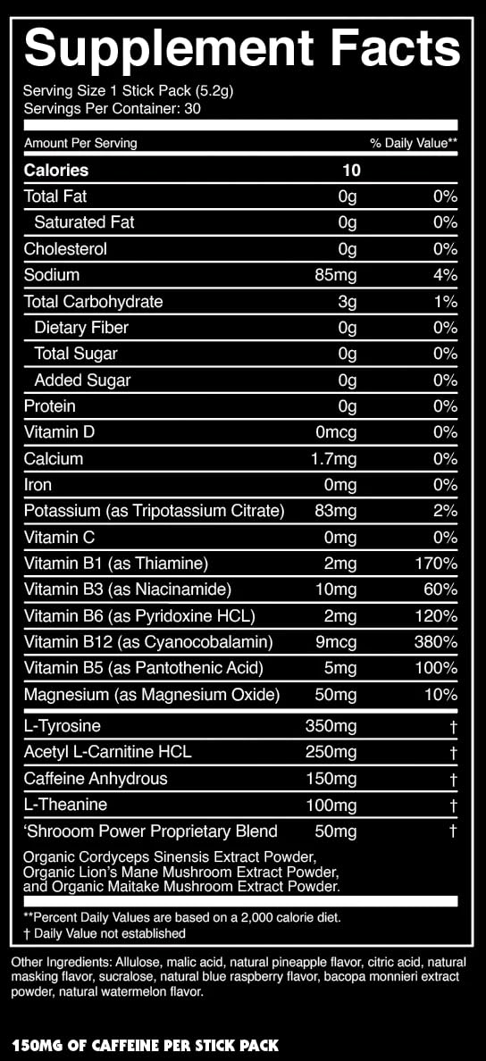 Nutritional facts panel of BUFFED Pineapple Thrash energy powder