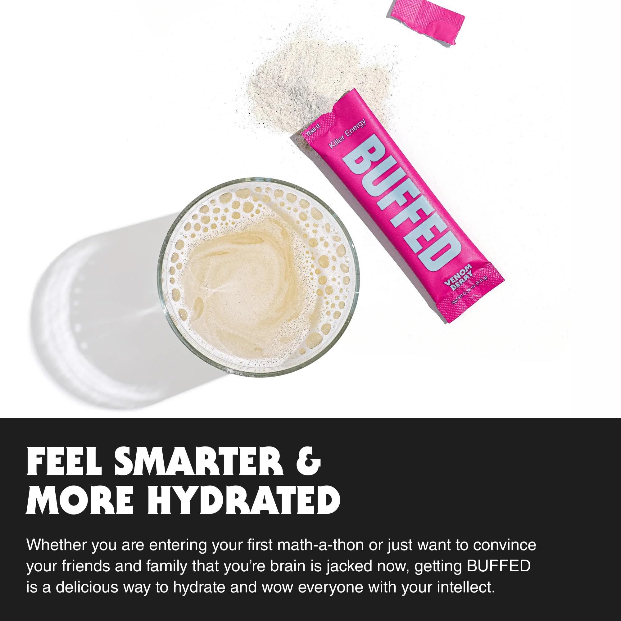 BUFFED SHROOM POWER blend ingredients closeup featuring Cordyceps, Lion’s Mane, Maitake for cognitive support.