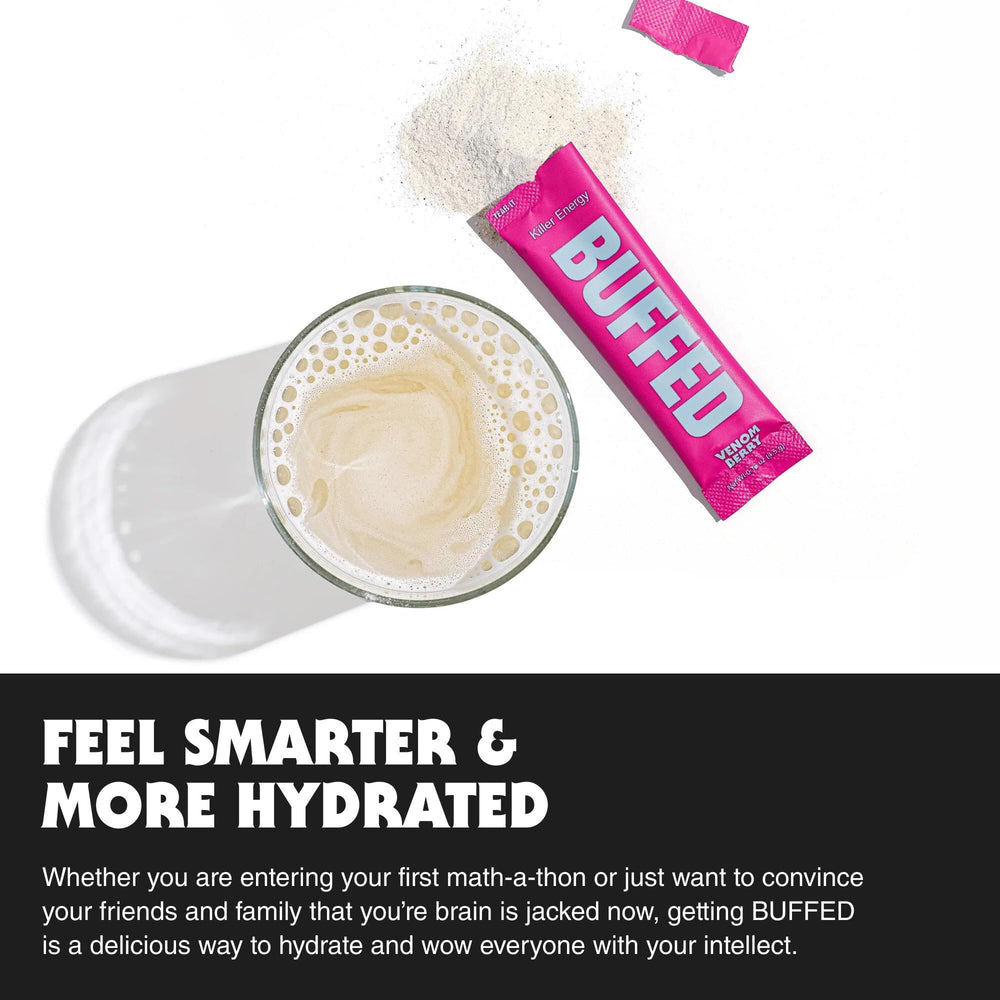 BUFFED SHROOM POWER blend ingredients closeup featuring Cordyceps, Lion’s Mane, Maitake for cognitive support.