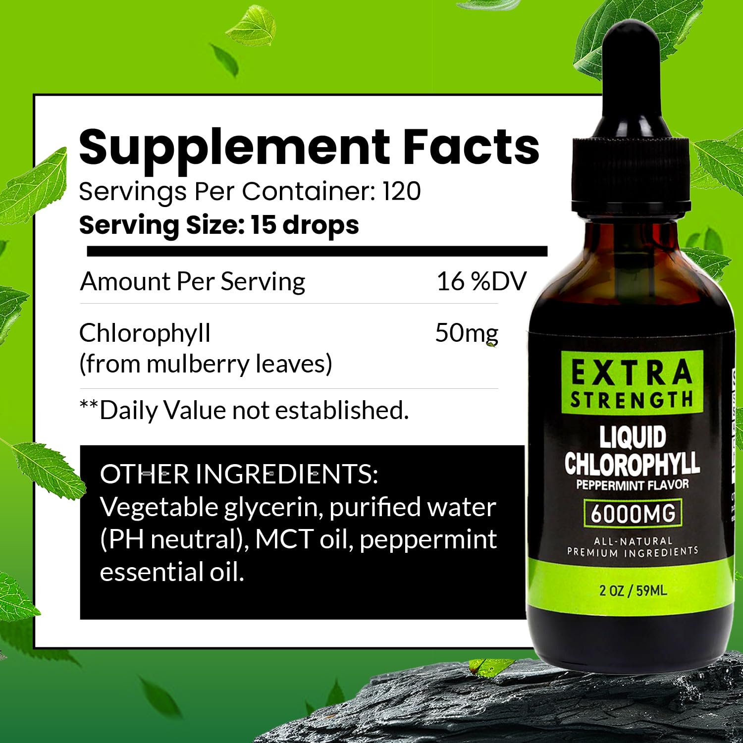 Back label with ingredients and nutrition information on BUIE Chlorophyll Drops bottle