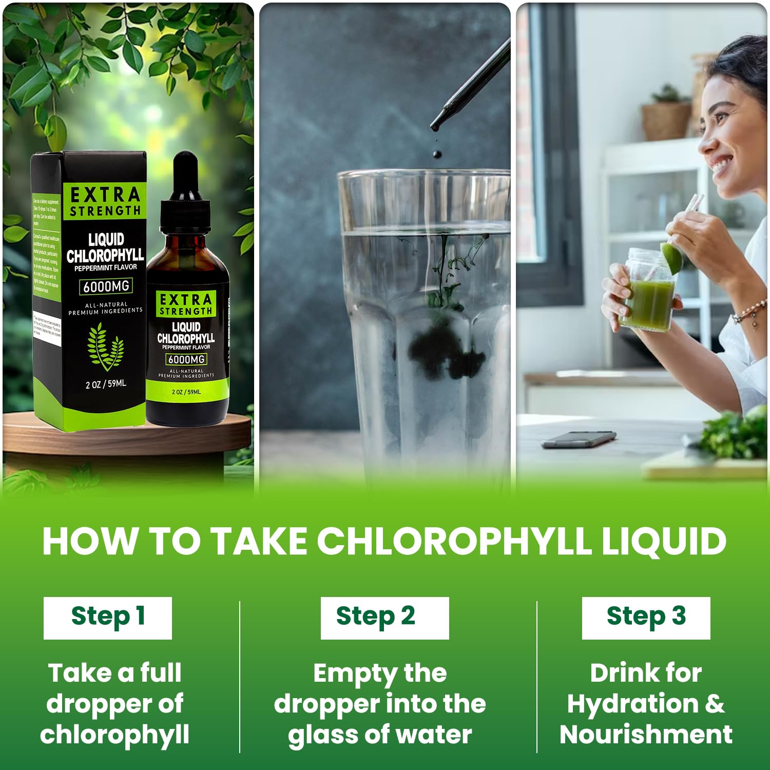 Chlorophyll liquid dropping from a dropper