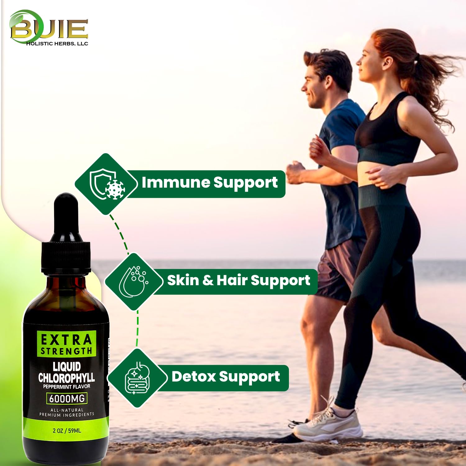 Close-up of ingredients and nutrition label on BUIE Chlorophyll Drops