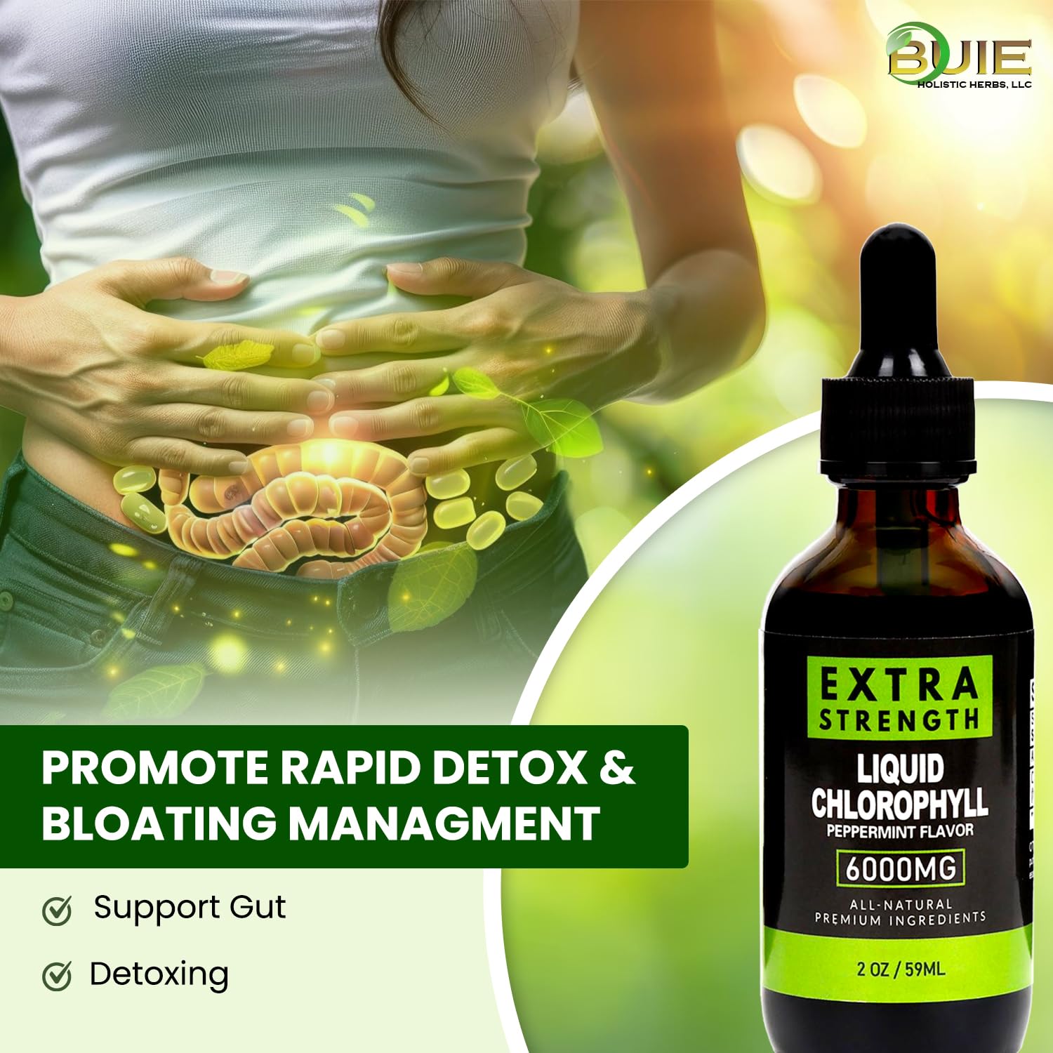 Lifestyle shot of a healthy adult incorporating chlorophyll drops into daily routine