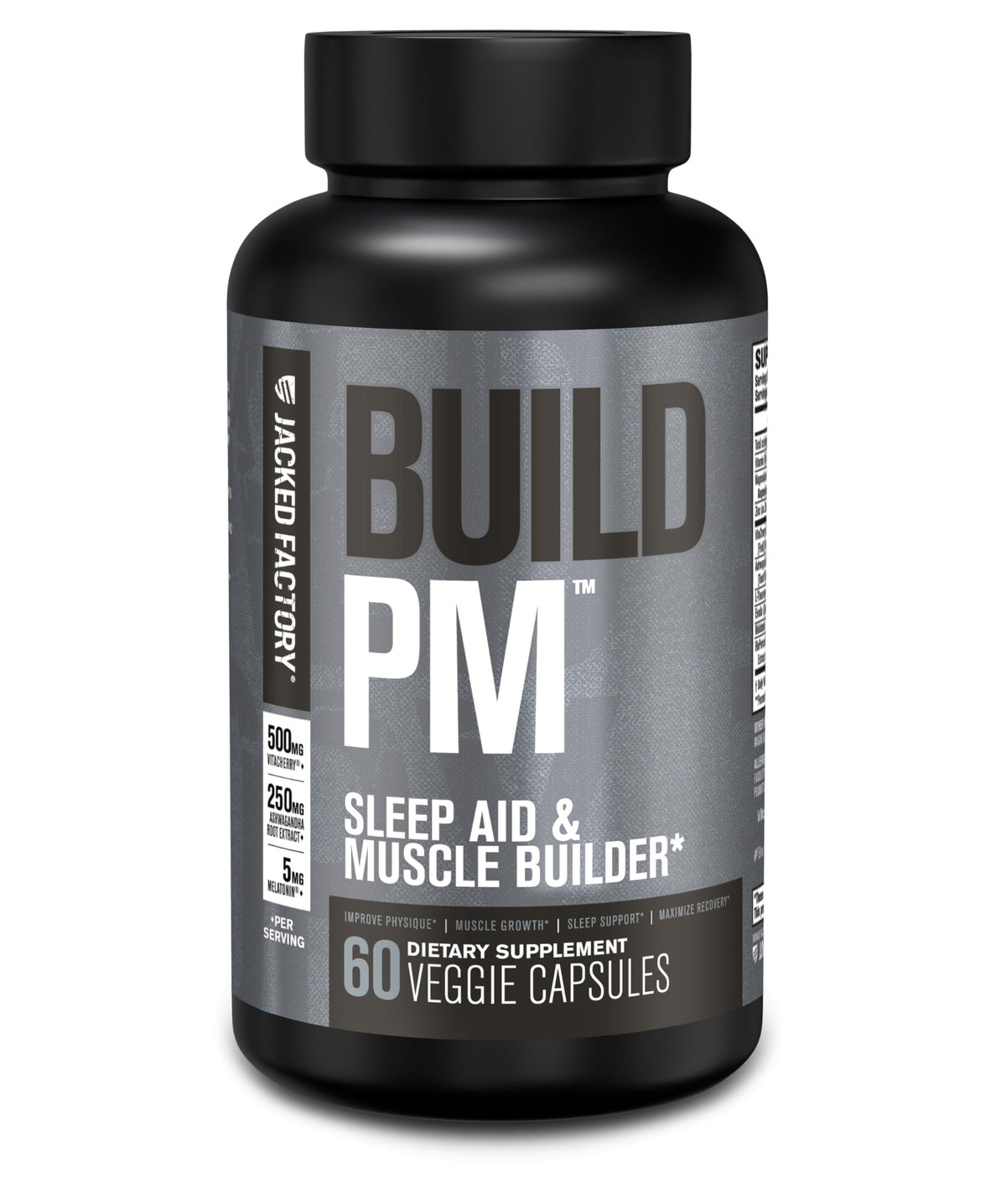 Jacked Factory Build PM bottle with capsules on white background