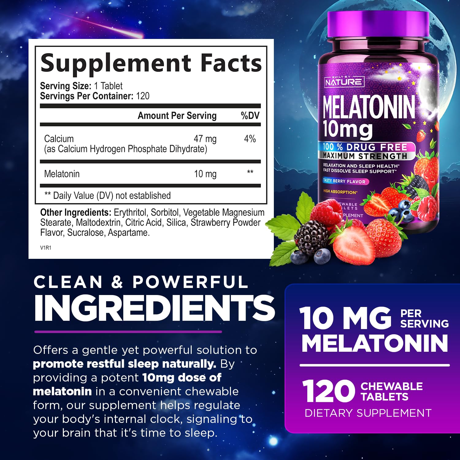 Close-up of berry-flavored melatonin chewable tablet