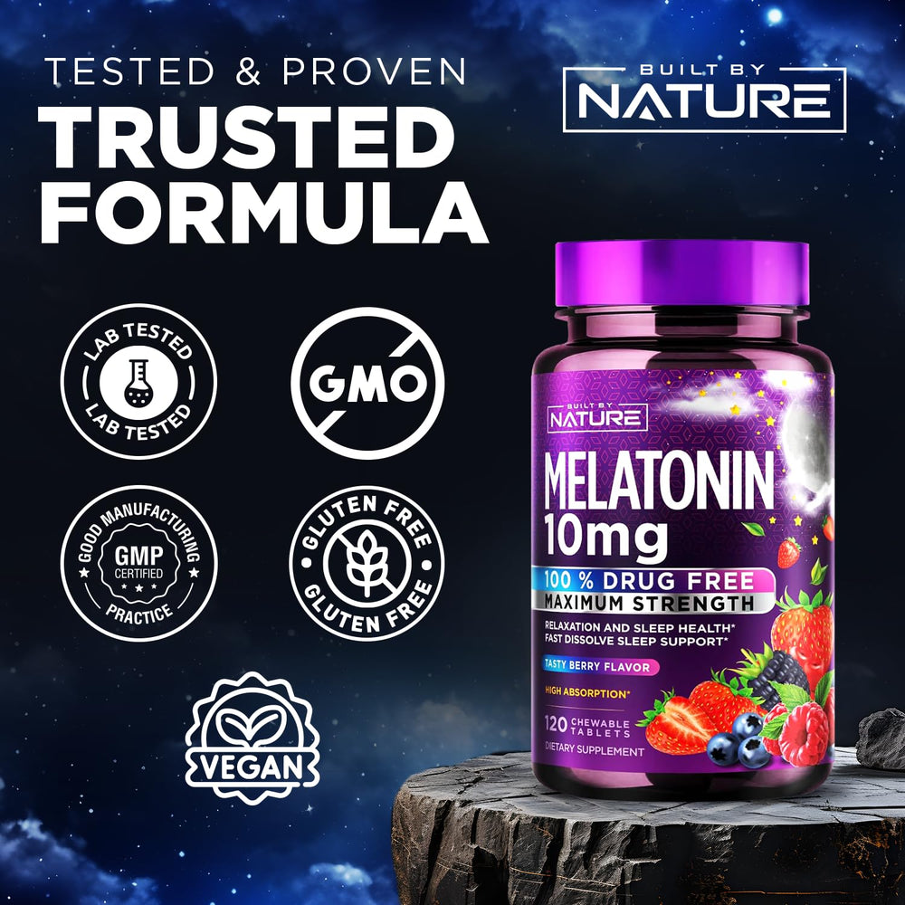 Nutrition facts label on Built by Nature melatonin bottle