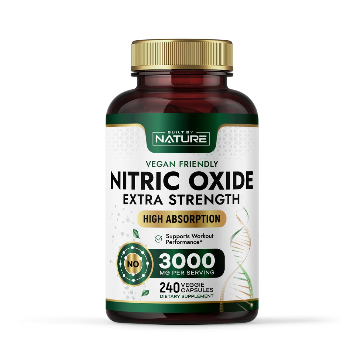 Built by Nature Nitric Oxide capsules bottle highlighting workout performance support.