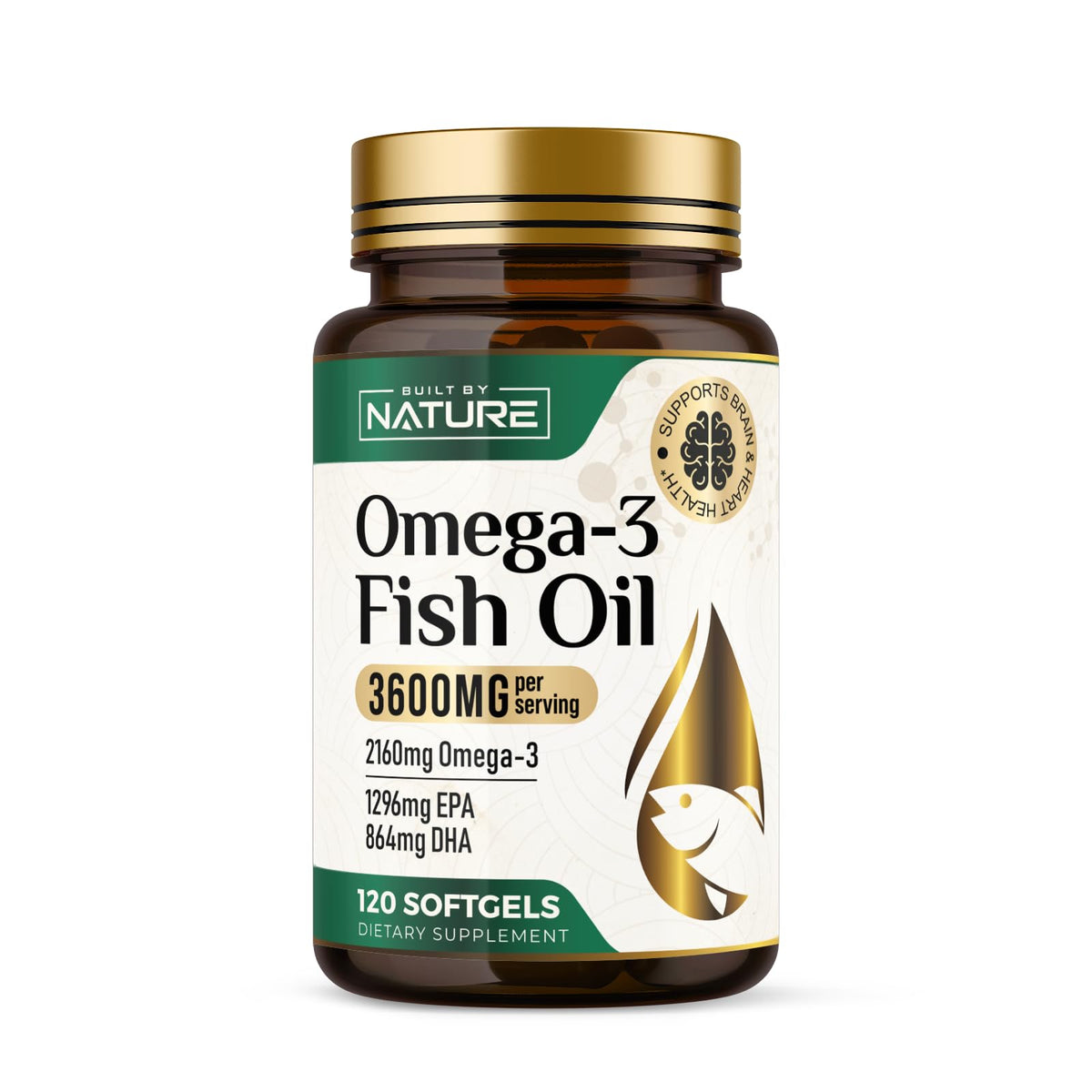 Built by Nature Omega-3 Fish Oil bottle with 120 burpless softgels
