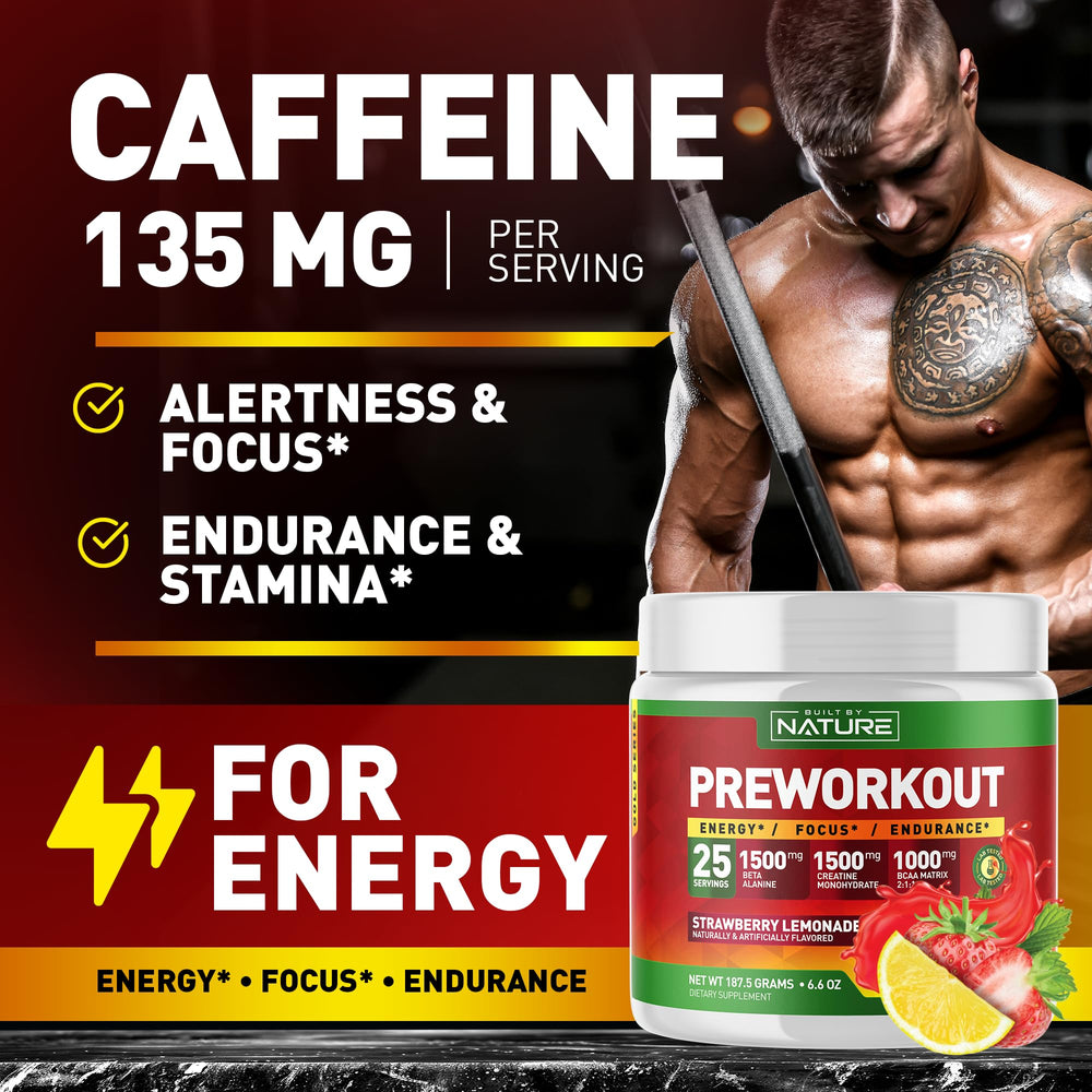 Glass with mixed Built by Nature pre workout powder, ready to sip during training.