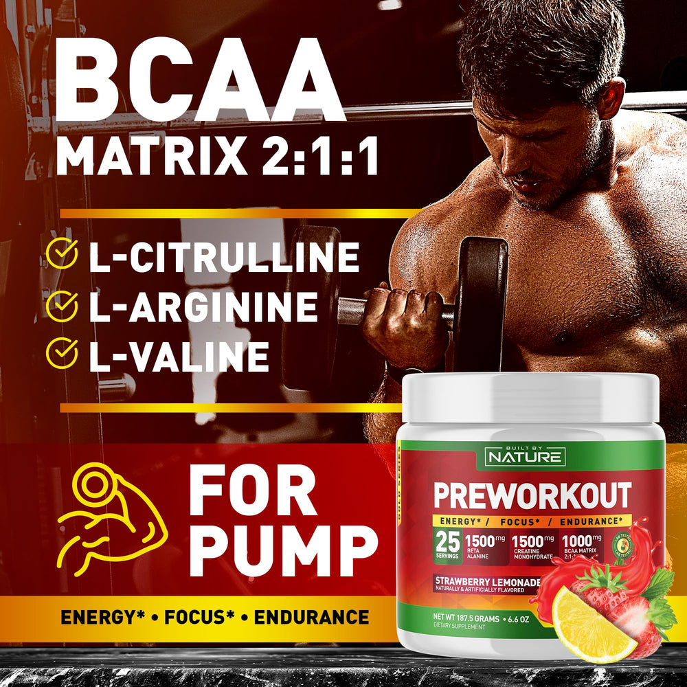 Powder poured into water from Built by Nature container for quick pre-workout energy.