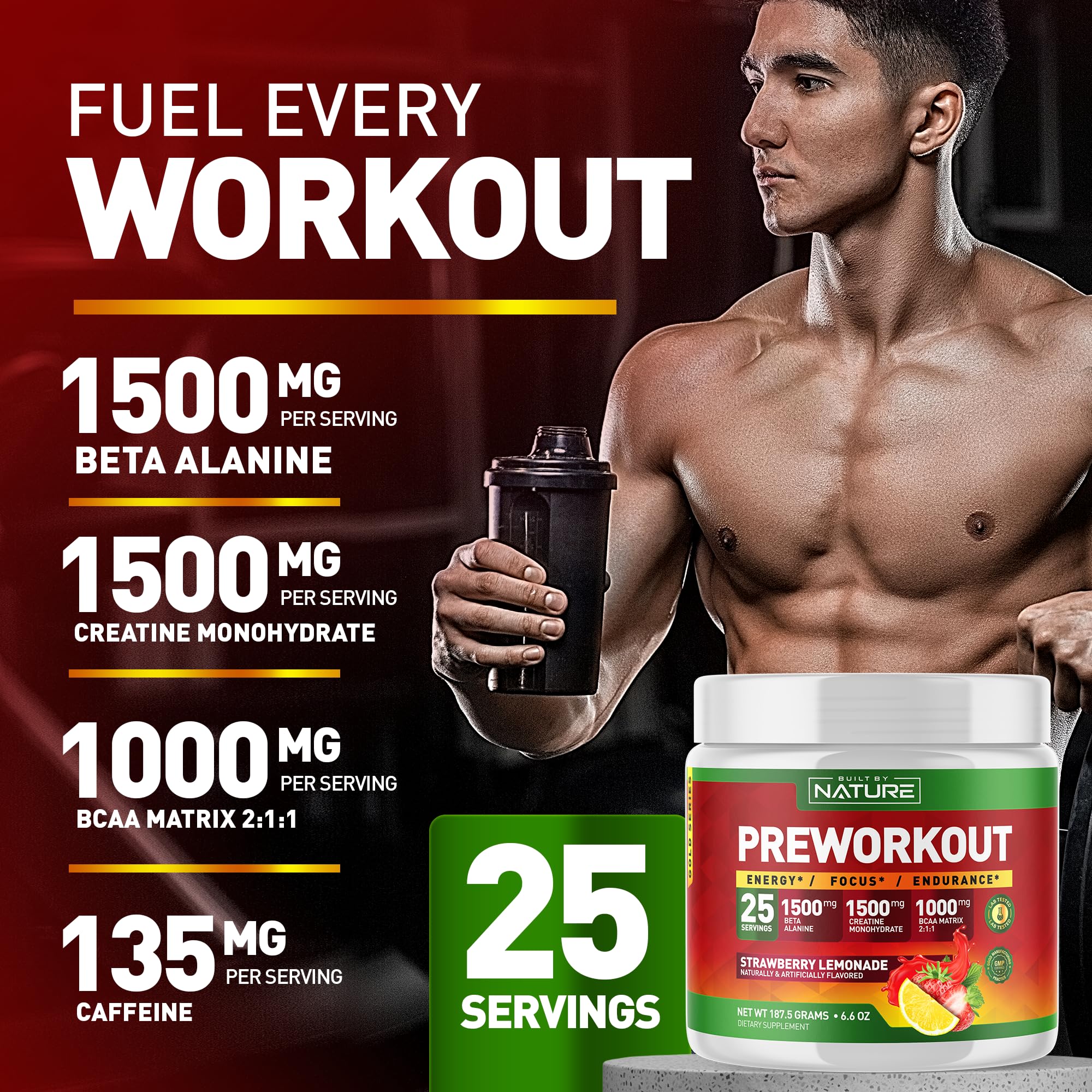 Close-up of strawberry lemonade flavor on Built by Nature pre workout powder packaging.