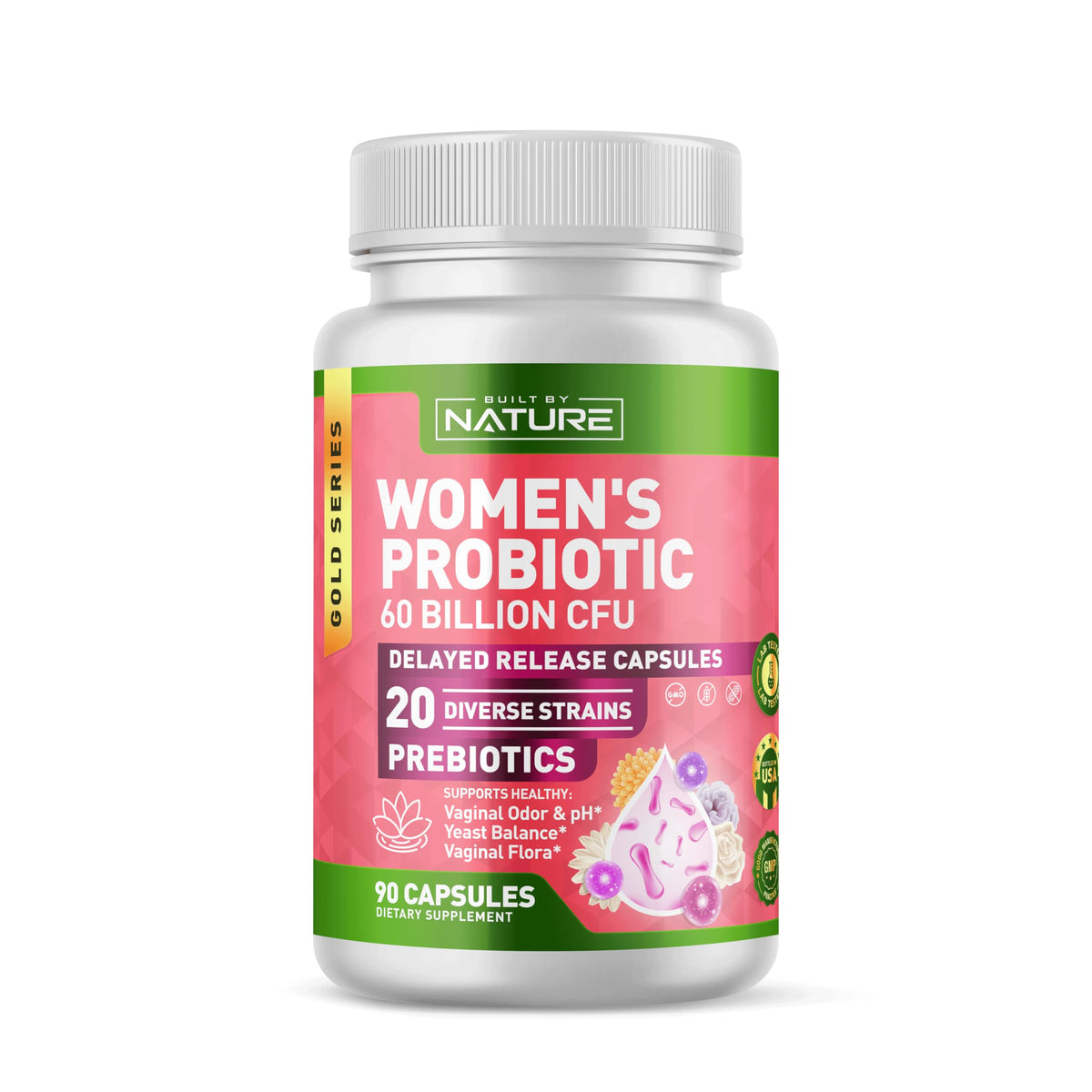 Bottle label for Built By Nature Probiotic for Women showing 60 Billion CFU and 20 strains