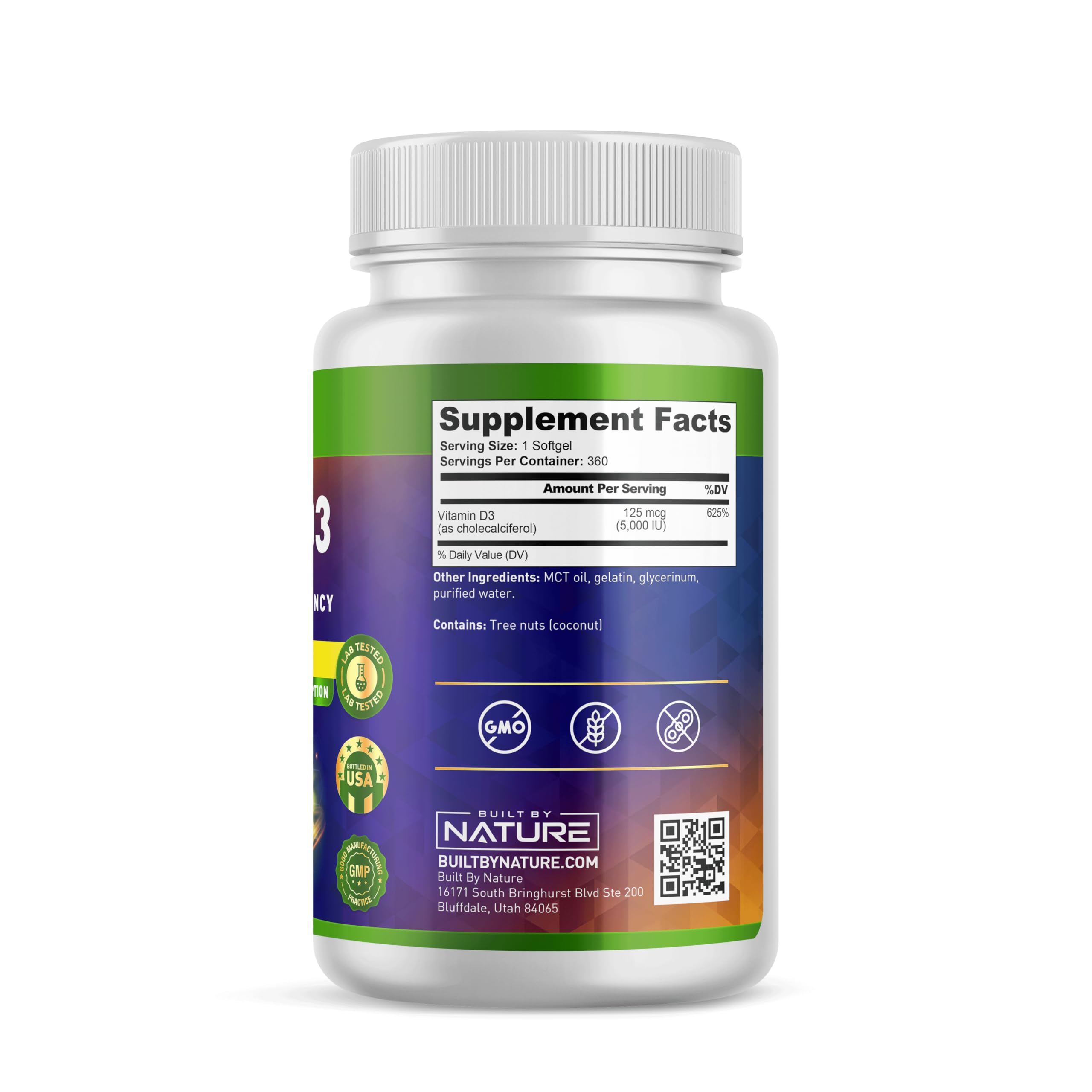 Product packaging and label for Vitamin D3 5000 IU with coconut MCT oil