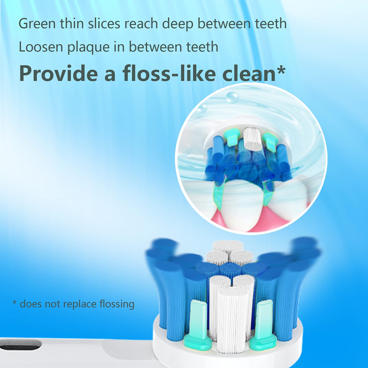 Round floss-action toothbrush head design for deep cleaning