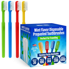 Bulk 288 disposable toothbrushes with mint toothpaste, assorted colors, individually wrapped.
