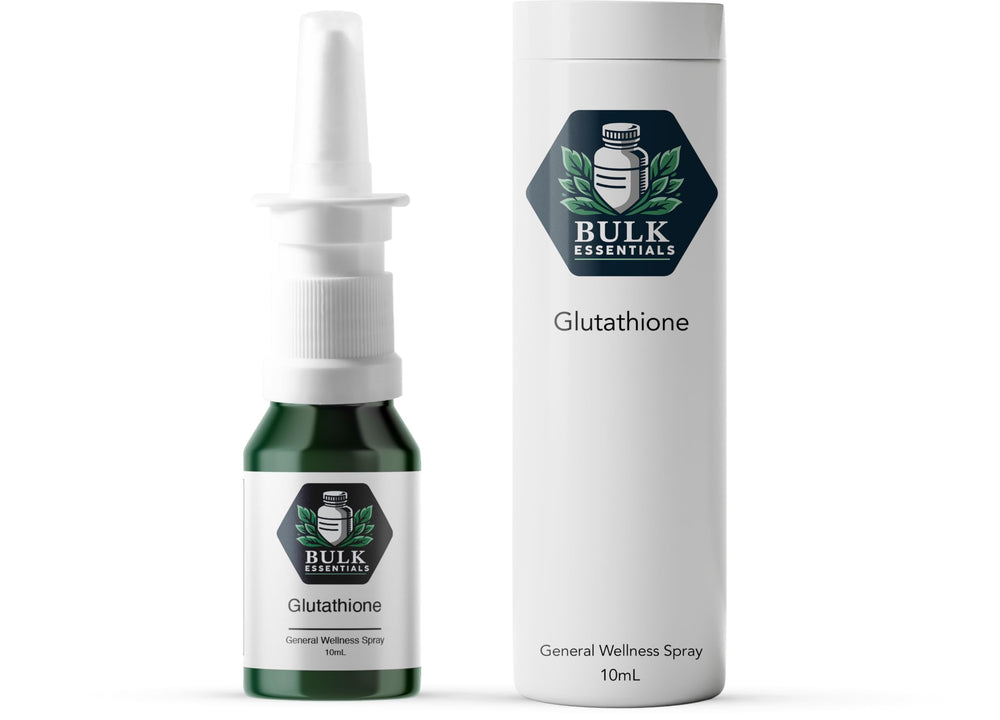 Bulk Essentials Glutathione Spray bottle showing 2 mg per spray dosage