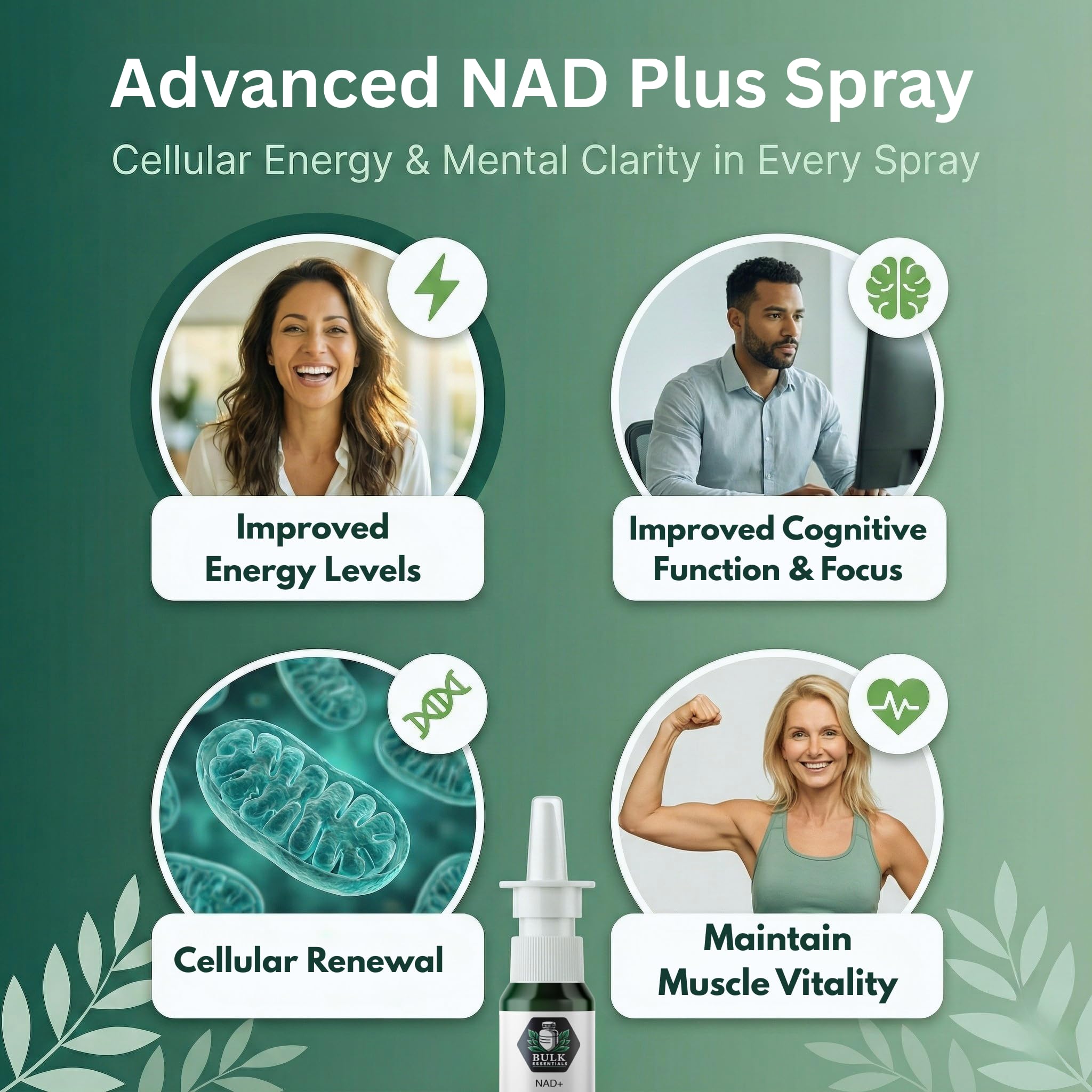 Bulk Essentials NAD+ spray dispensing action demonstrates controlled dosing for consistent use