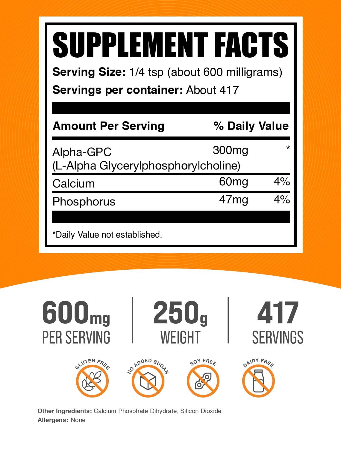 Alpha GPC powder 600mg unflavored gluten-free label