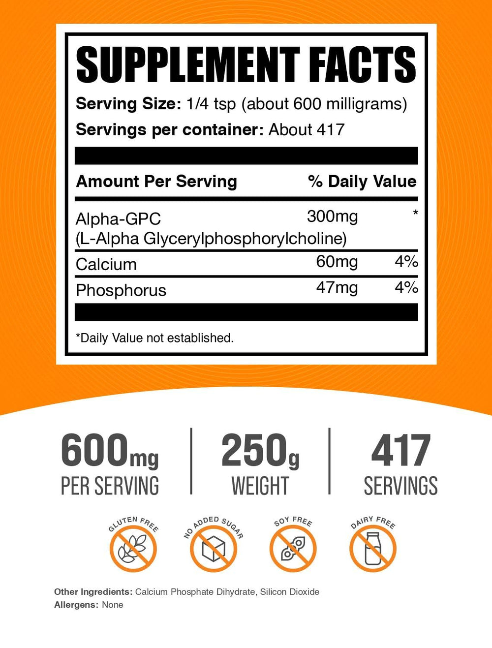 Alpha GPC powder 600mg unflavored gluten-free label