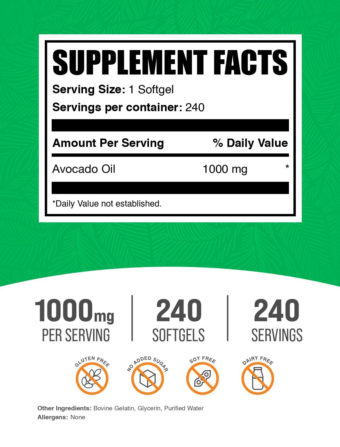 Close-up of Avocado Oil Softgels bottle label showing 1000mg per softgel