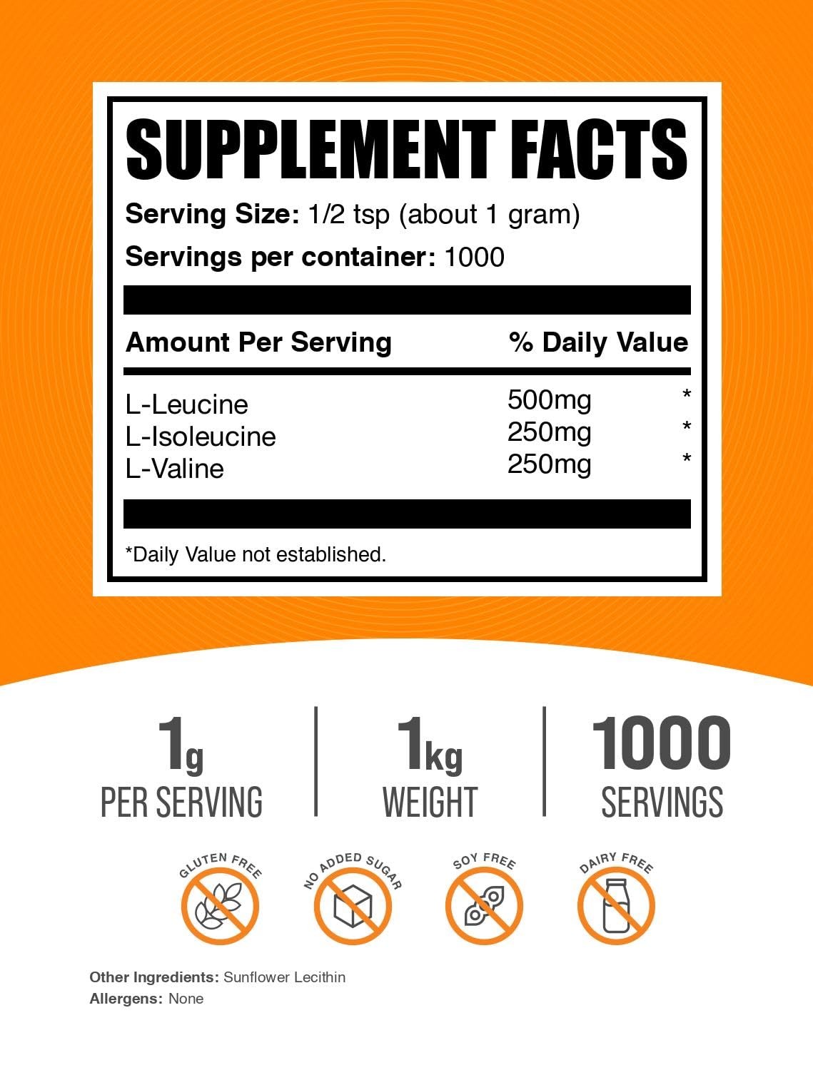 Pack shot of BulkSupplements BCAA 2:1:1 powder unflavored 1kg