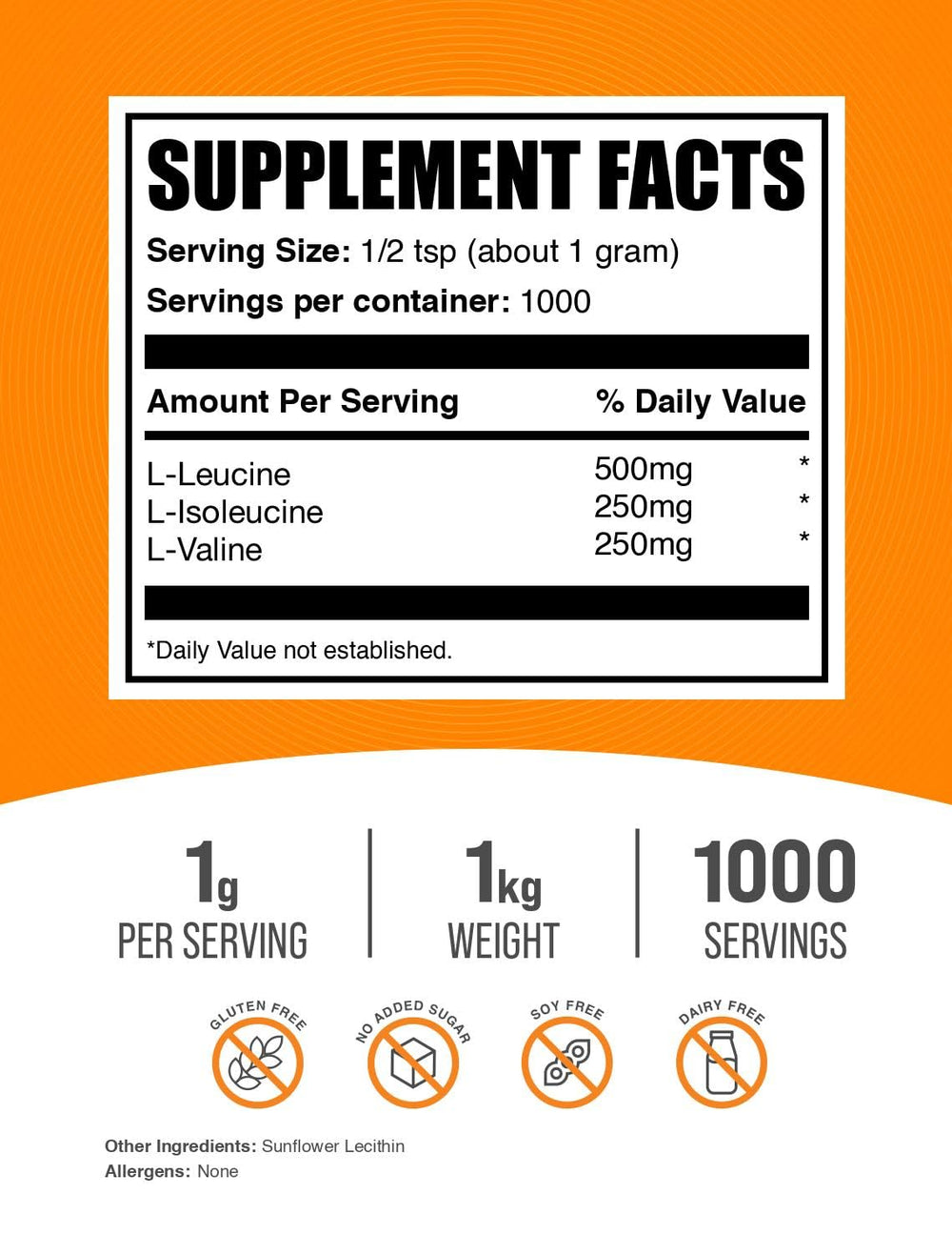 Pack shot of BulkSupplements BCAA 2:1:1 powder unflavored 1kg