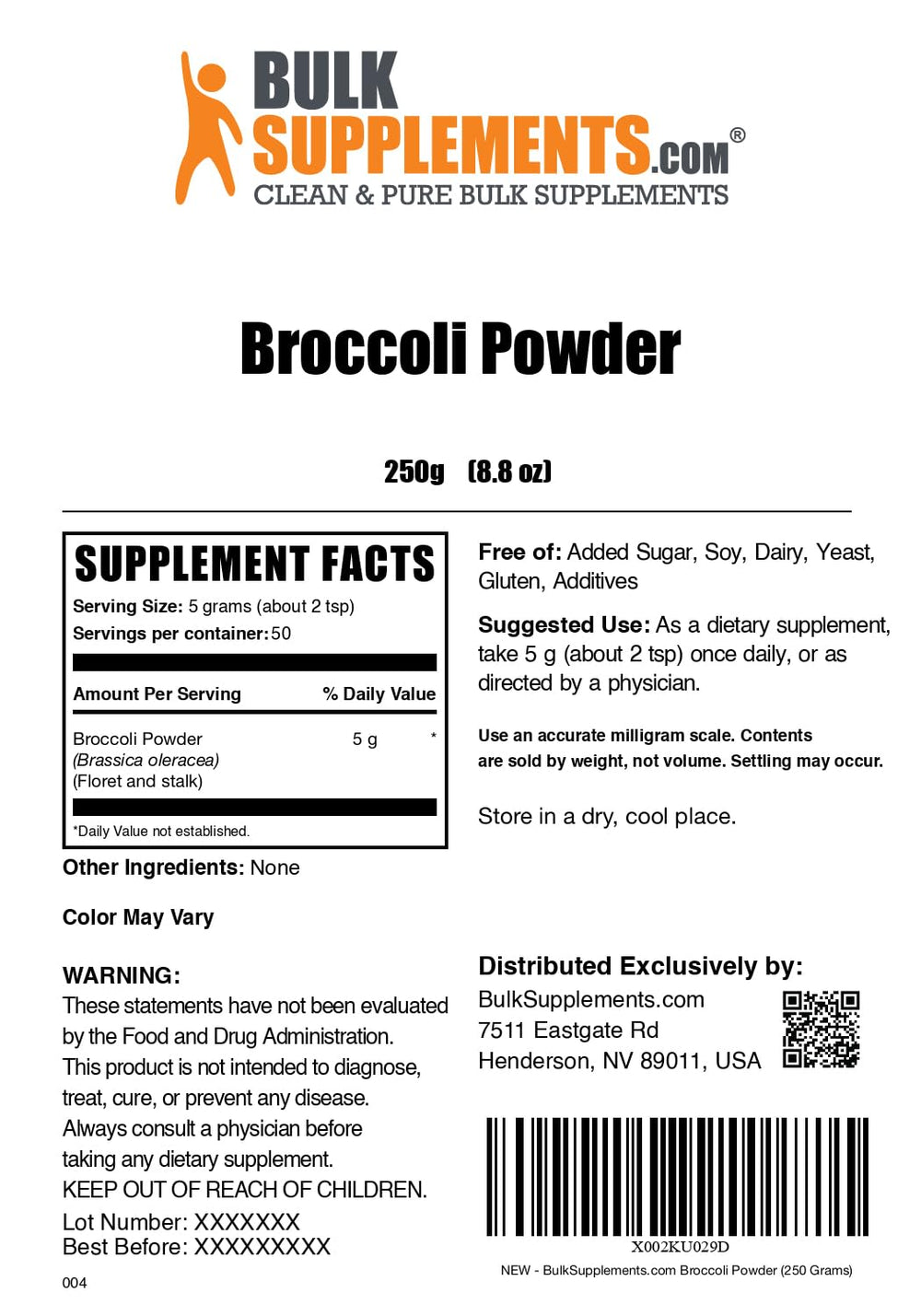 Broccoli powder product label and ingredients