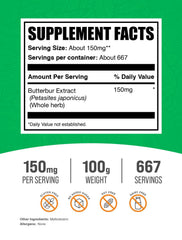 Back label of Butterbur Extract Powder showing 150mg per serving