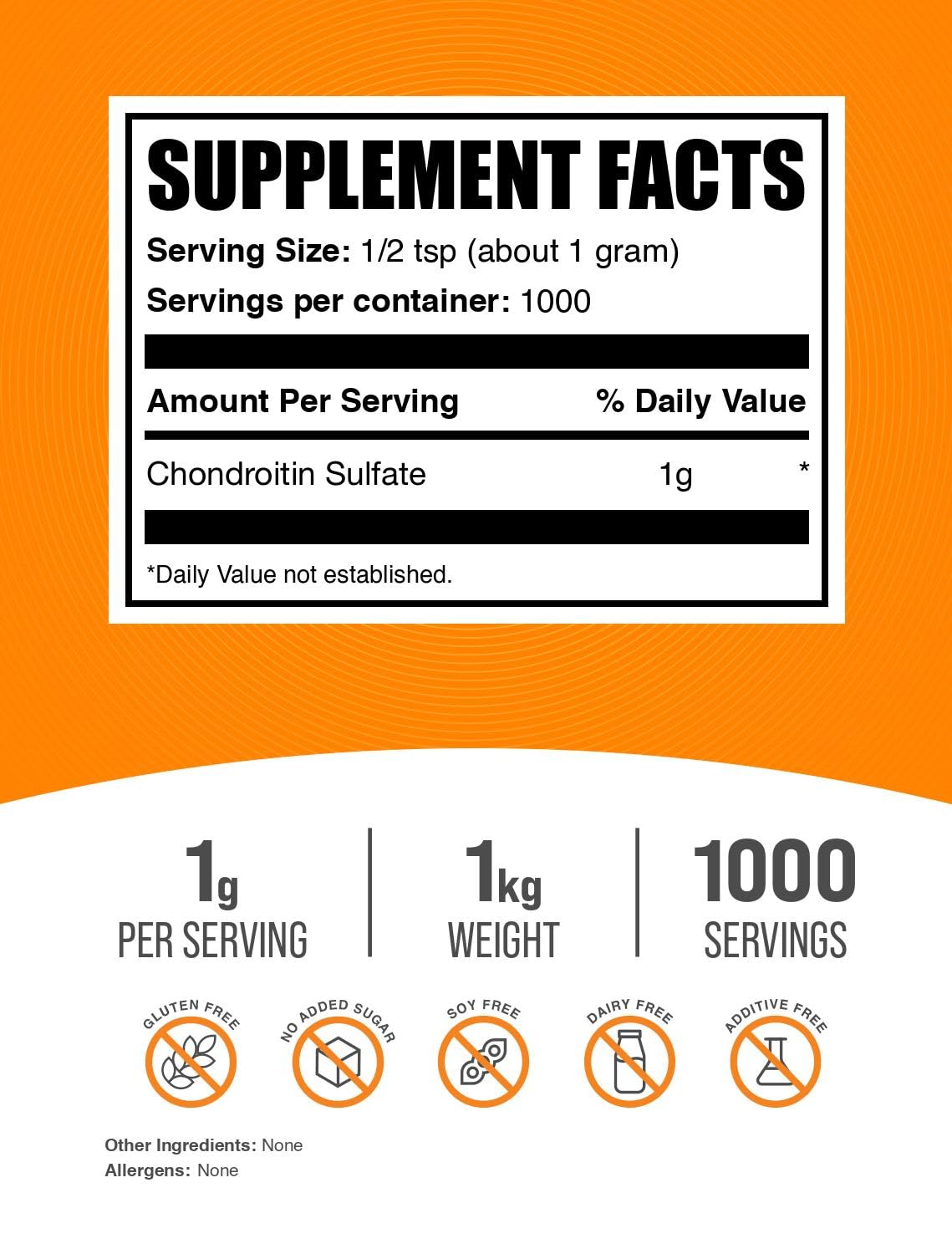 1 kg tub of BulkSupplements Chondroitin Sulfate Powder with scoop