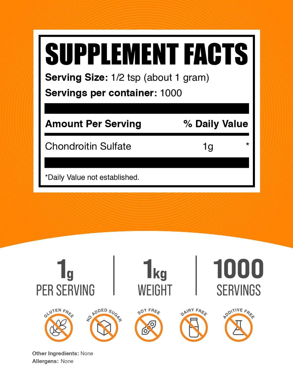 1 kg tub of BulkSupplements Chondroitin Sulfate Powder with scoop
