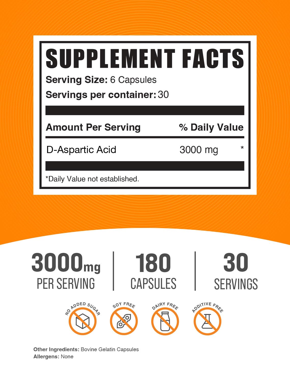 Closeup of BulkSupplements D-Aspartic Acid capsules highlights 3000mg per serving.