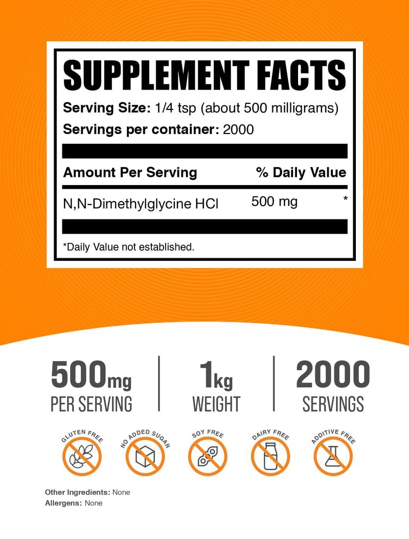 N,N-Dimethylglycine HCl DMG powder 500 mg per serving label