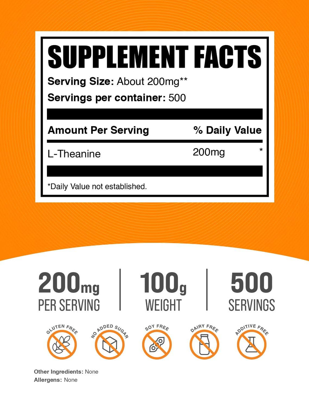 Ingredients label for BulkSupplements L-Theanine Powder 100g