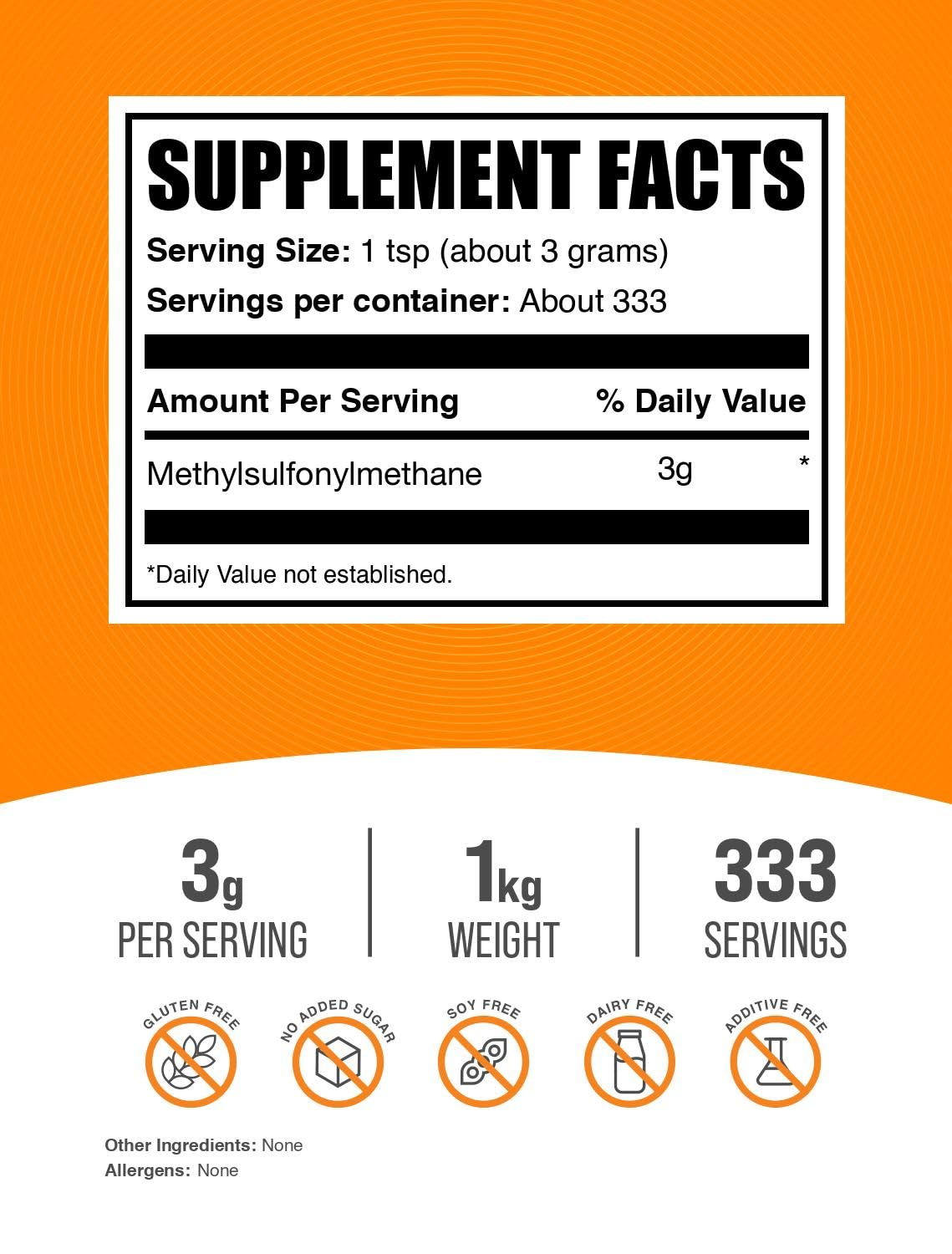 Gluten-free MSM powder label from BulkSupplements