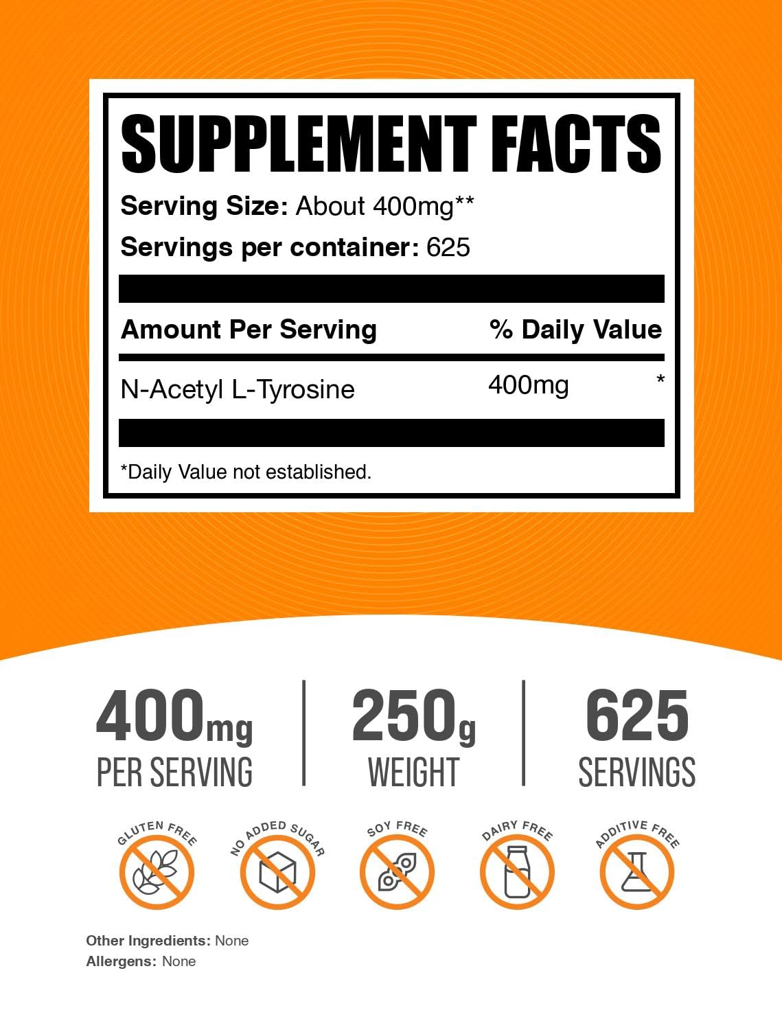 Graphic showing 400 mg per serving of N-Acetyl L-Tyrosine (NALT) powder