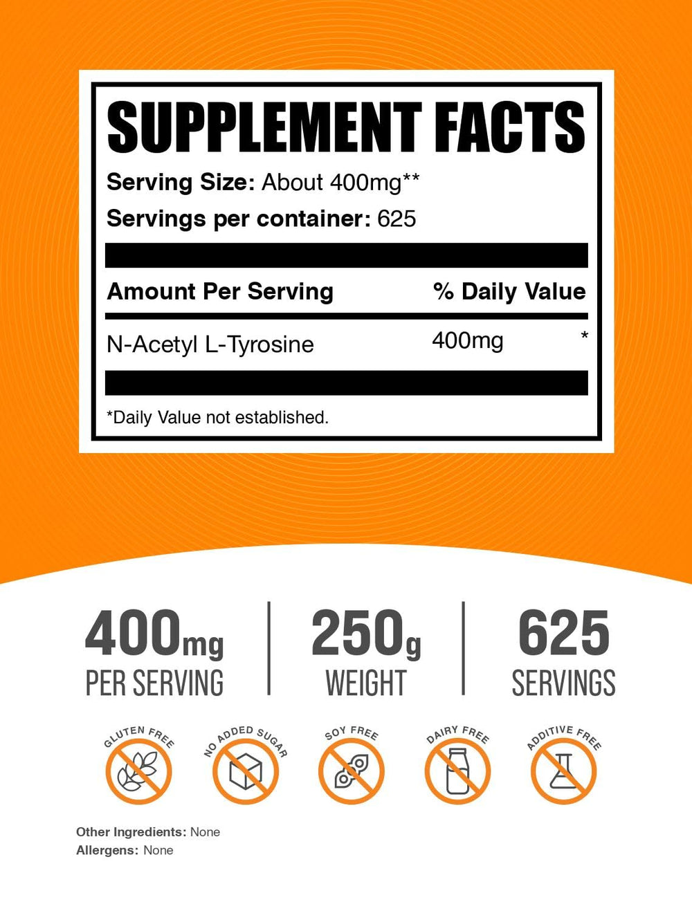 Graphic showing 400 mg per serving of N-Acetyl L-Tyrosine (NALT) powder