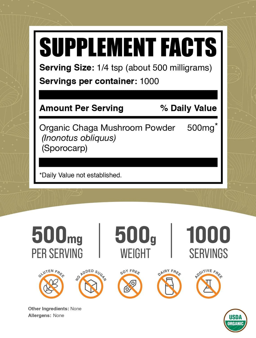 Packaging for BulkSupplements Organic Chaga Mushroom Powder 500g