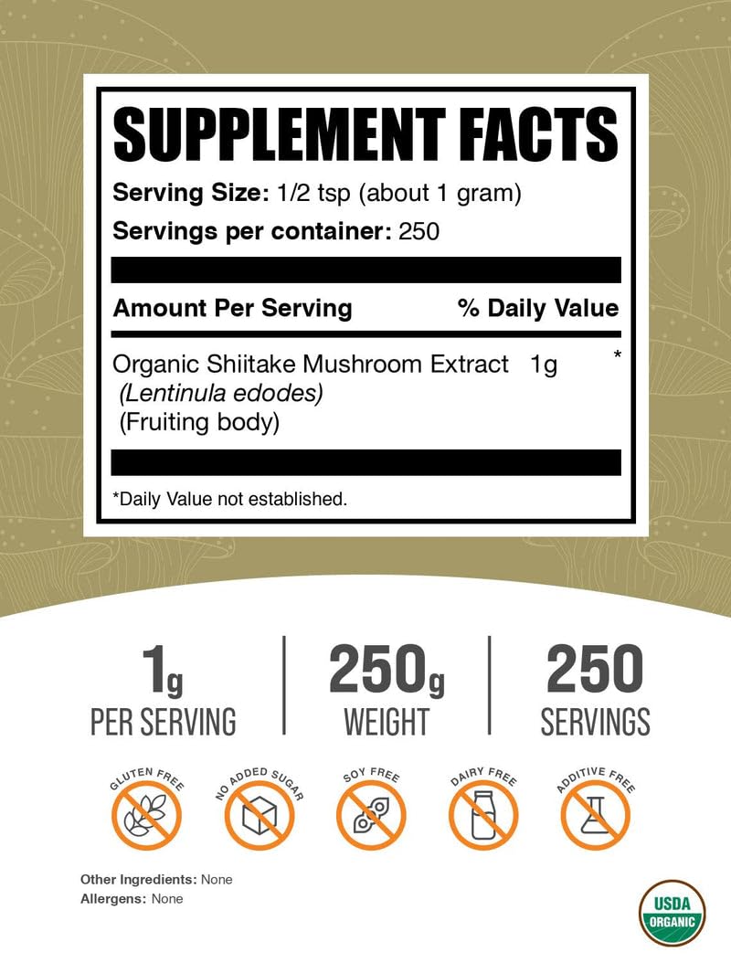 jar of Bulk Supplements Organic Shiitake Mushroom Extract Powder 250g with label visible