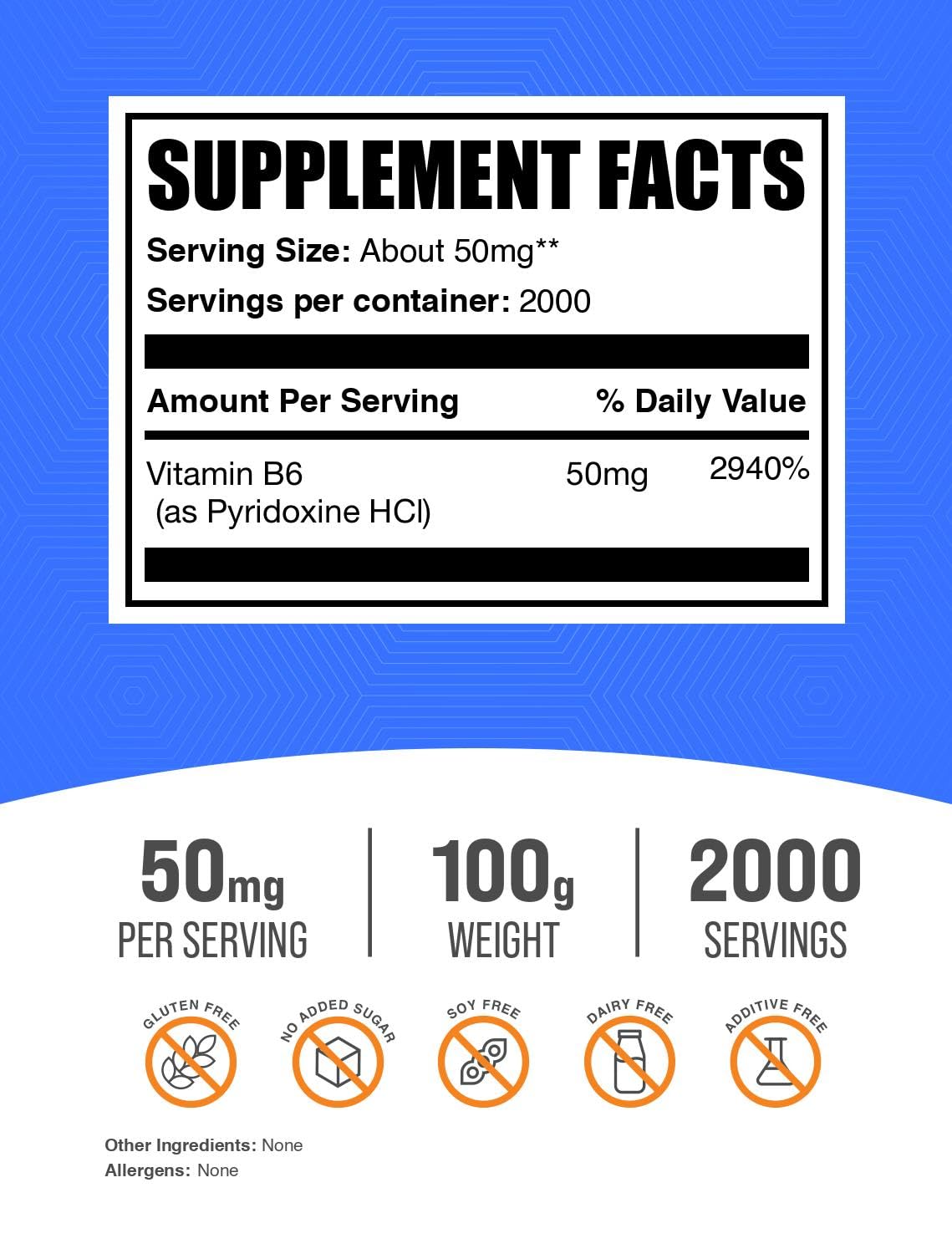 Back label with ingredients and supplement facts for Pyridoxine HCl Powder 100g