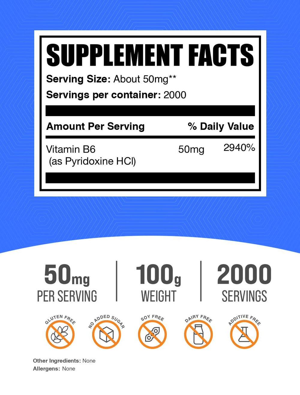 Back label with ingredients and supplement facts for Pyridoxine HCl Powder 100g