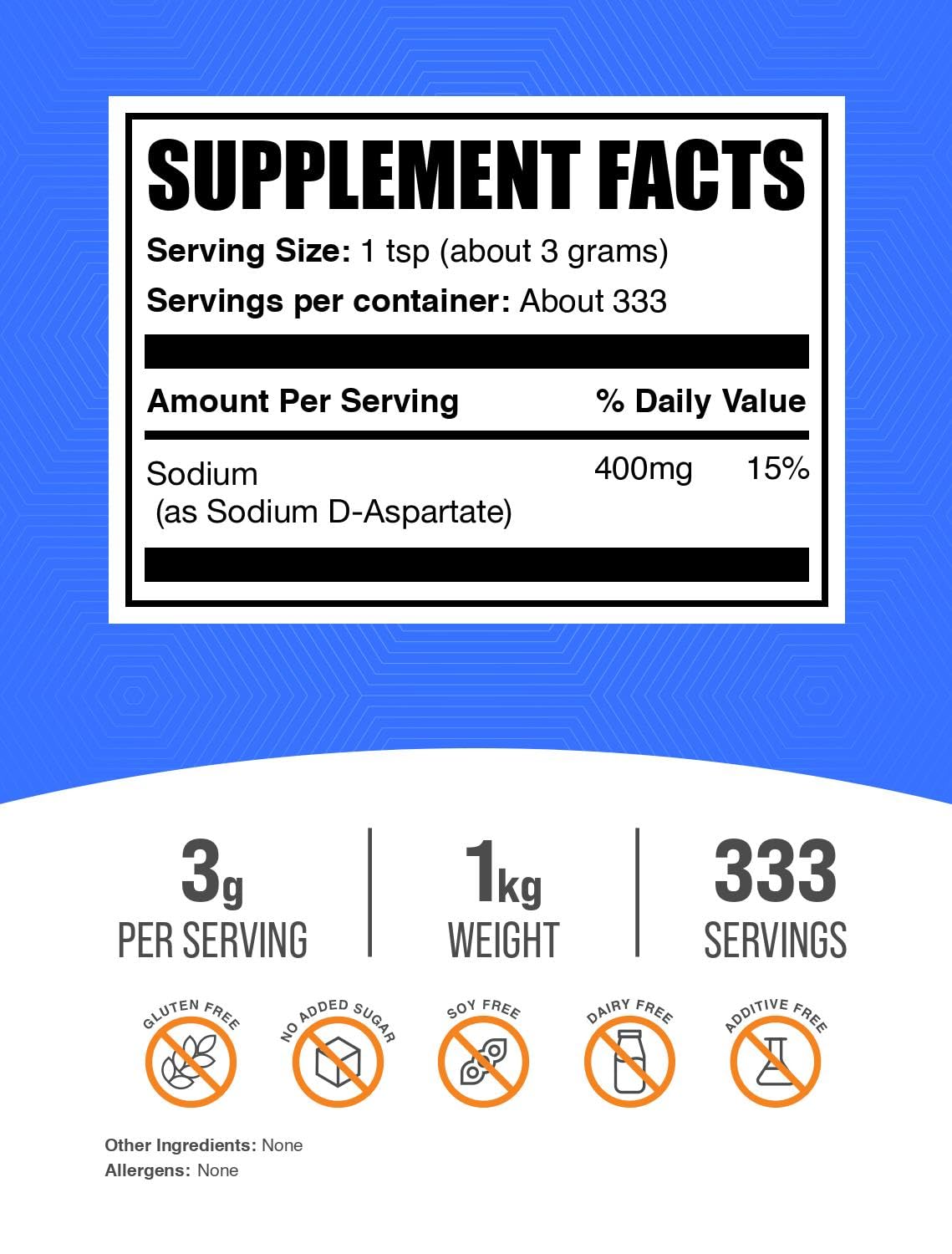 Bottle of Sodium D-Aspartate Powder with product label