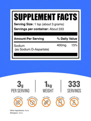 Bottle of Sodium D-Aspartate Powder with product label