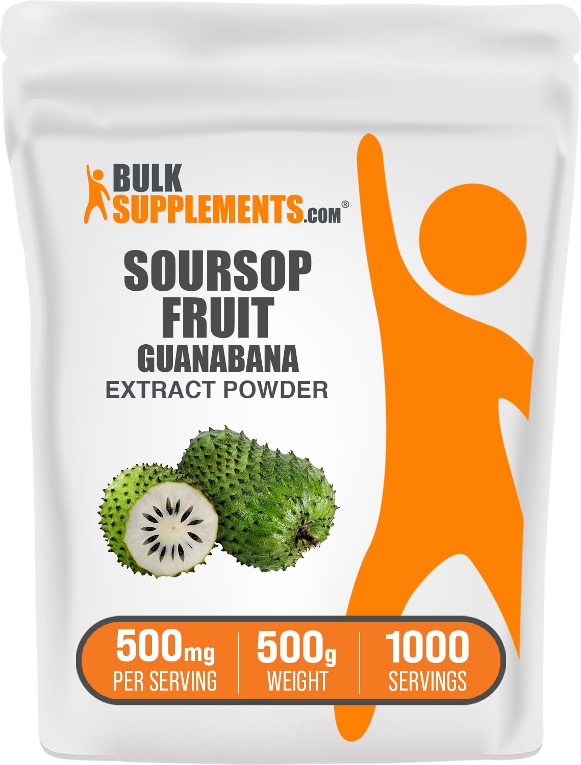 Soursop extract powder hero shot showing 500 mg serving and 500 g package