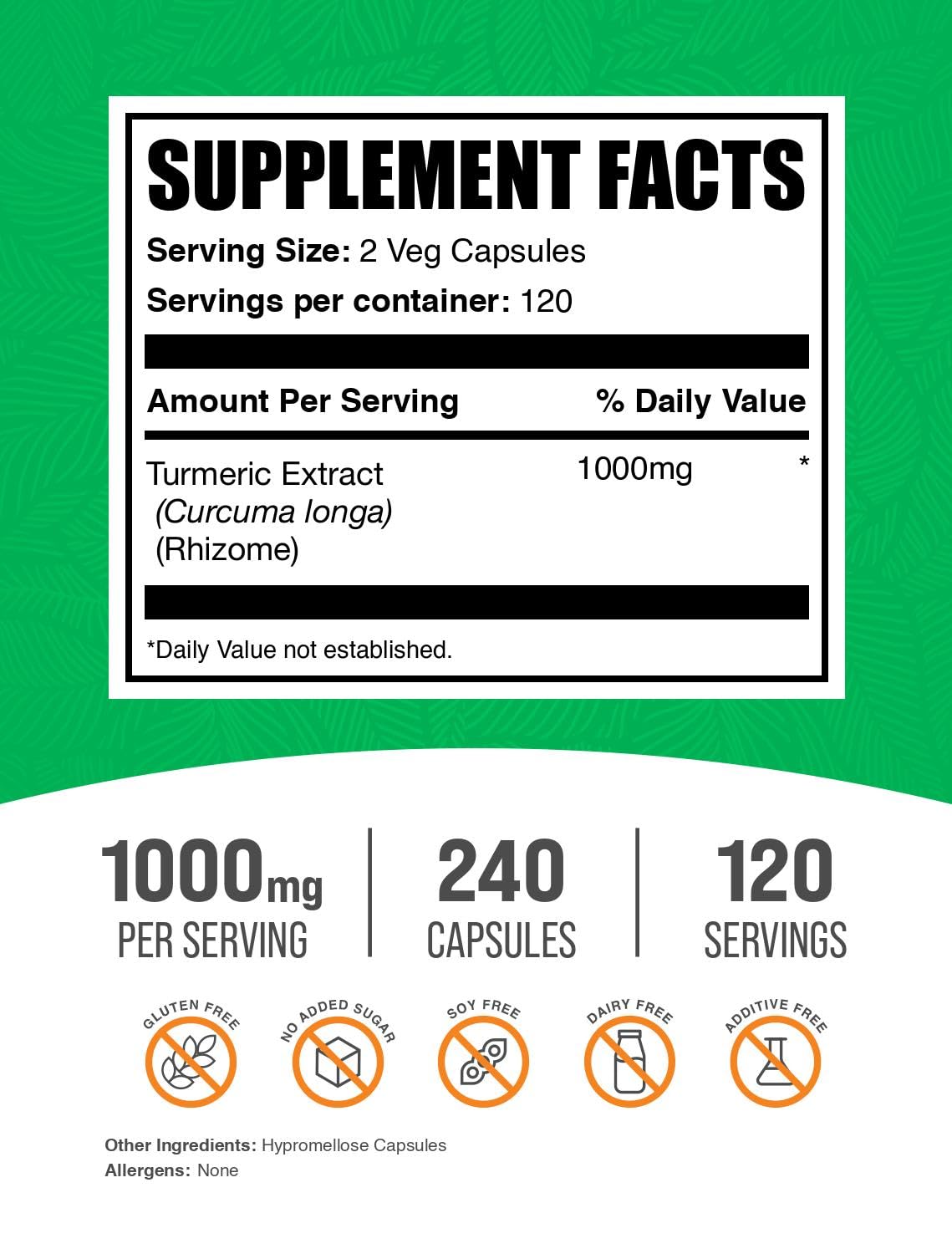 Turmeric curcumin 1000mg label showing gluten-free and vegan