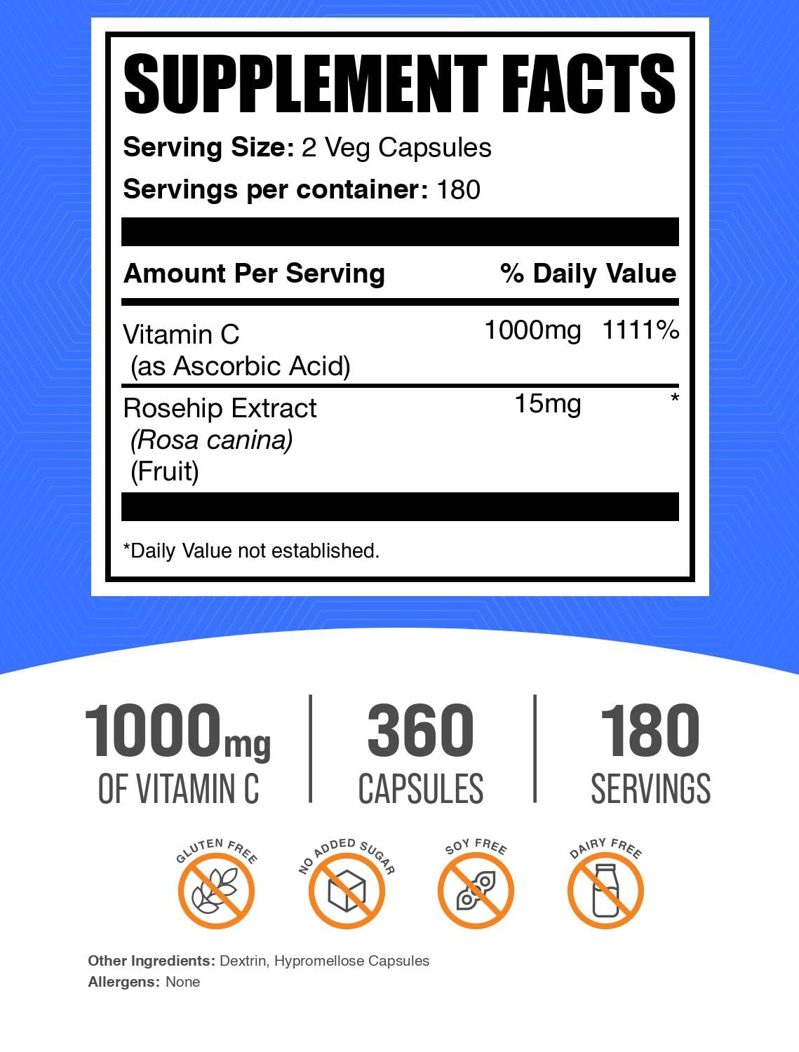 Immune support with vegan capsules containing Vitamin C 1000mg and Rose Hips 15mg, 2 capsules per serving