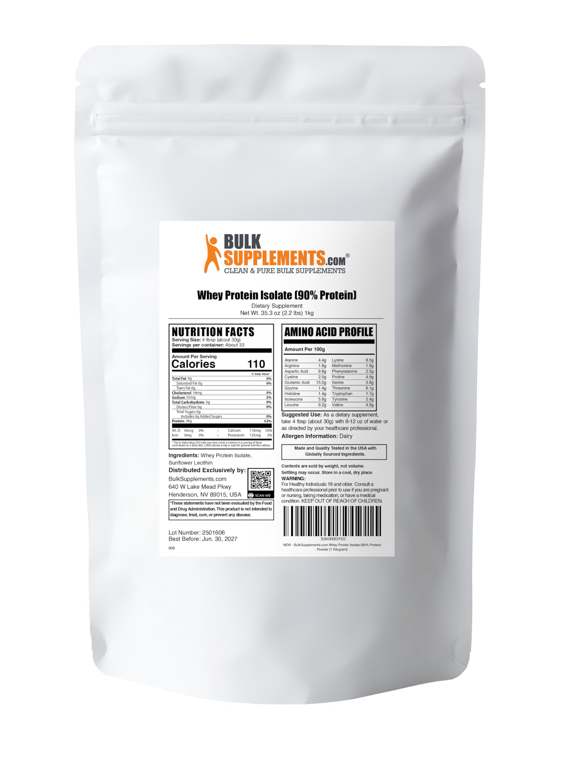 Bulk Supplements whey protein isolate 1kg pack